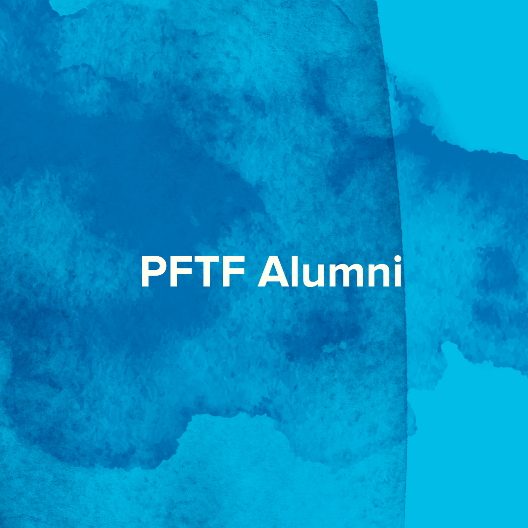 pftf alumni text overlay on blue watercolored background