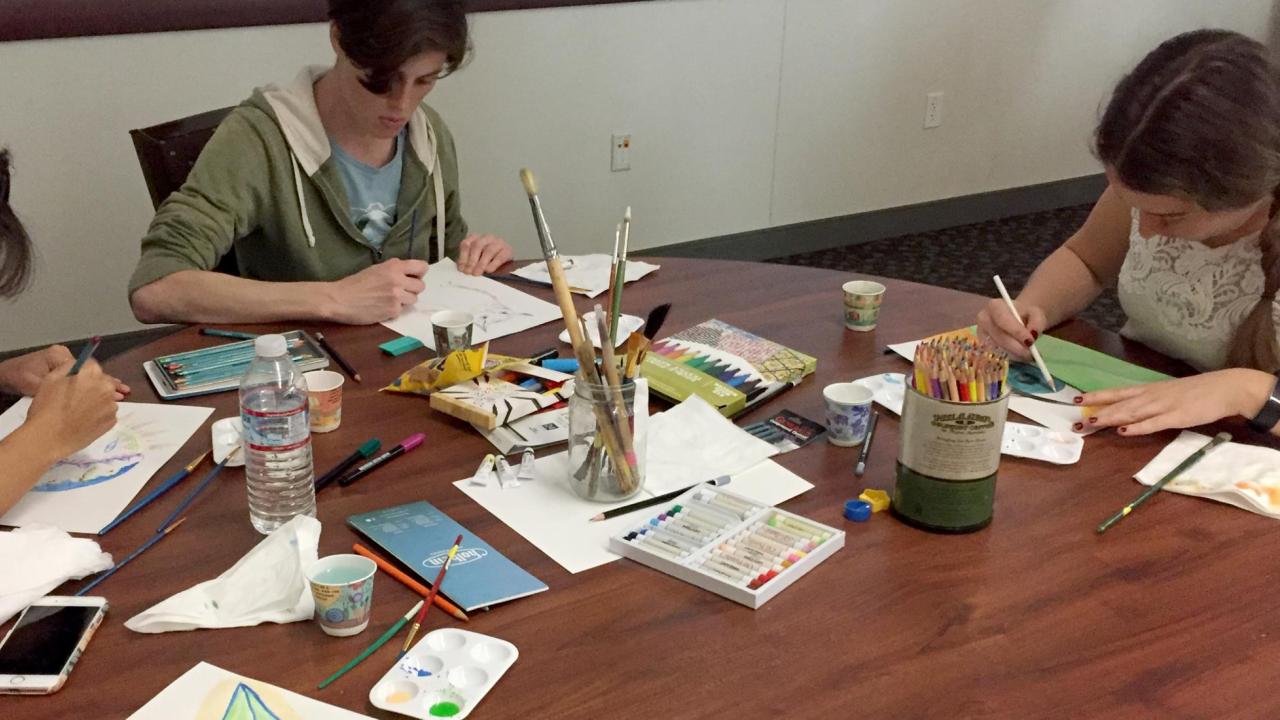 Graduate students at an art therapy workshop hosted by PFTF
