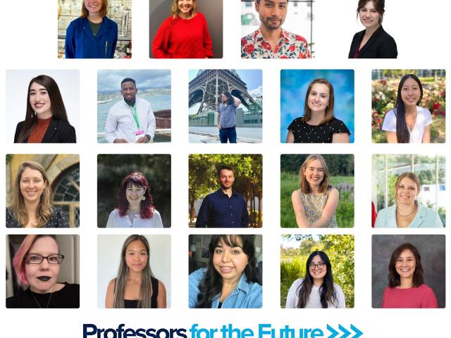 Collage of all of the PFTF Scholars, including 19 individual square images. There is blue dotted border around the edges and a blue PFTF logo under the images.