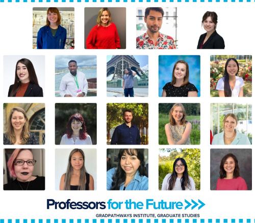 Collage of all of the PFTF Scholars, including 19 individual square images. There is blue dotted border around the edges and a blue PFTF logo under the images.